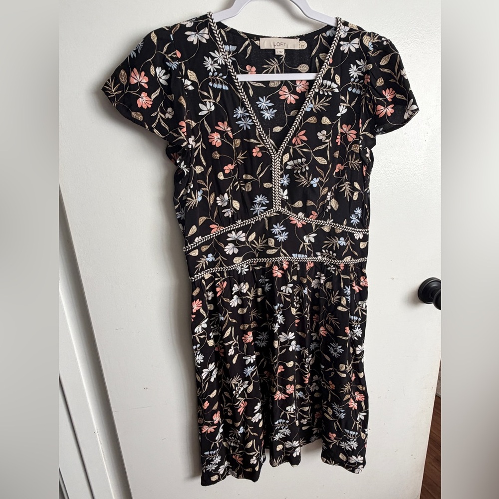 LOFT Black Floral V-Neck Midi Dress with Pink & Blue Blooms